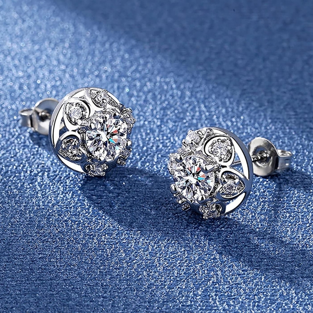 Sterling Silver 7 Crystal Stud Wreath/Floral Shape Stud Earrings